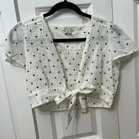 American Eagle Outfitters smocked crop tie front top size large polka dots NWOT - Picture 9 of 9